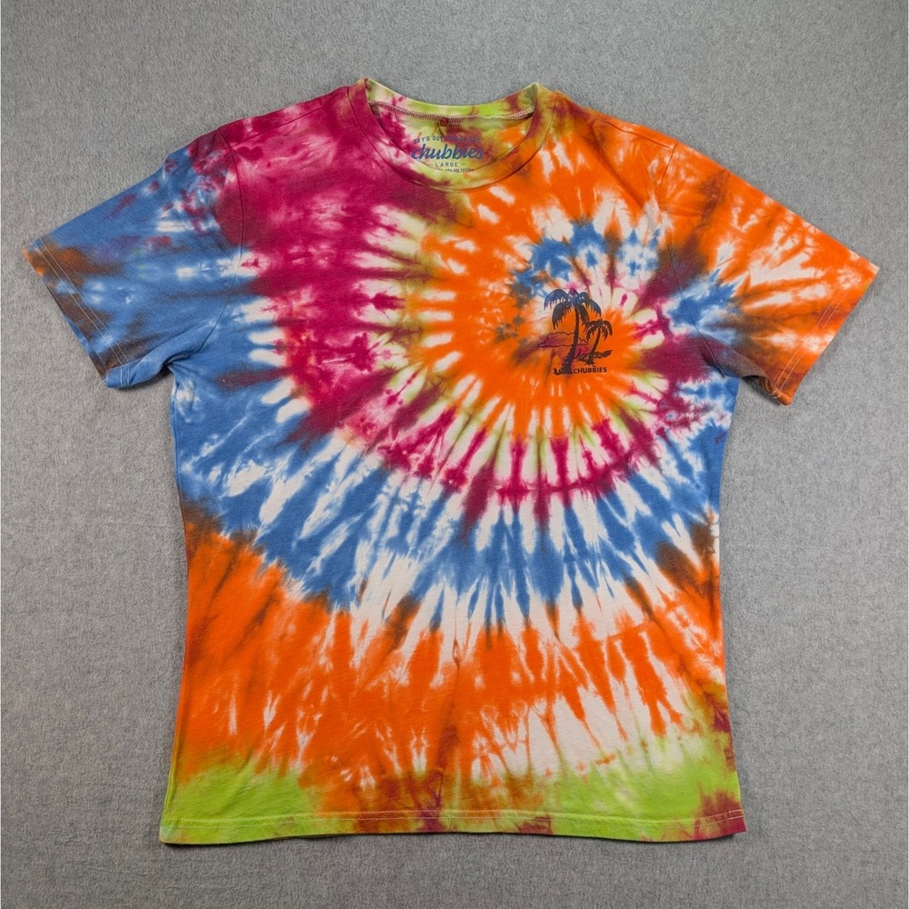 Chubbies Mens Tie Dye T-Shirt Large 21x27 The Weekend Has Arrived Palm Tree Tee
